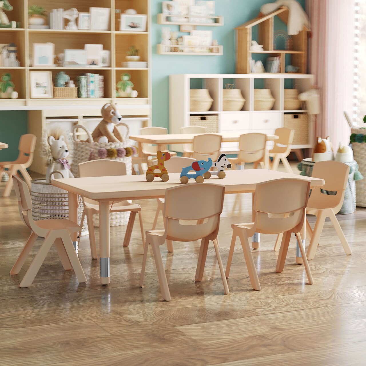 Emma and Oliver 24"W x 48"L Rectangular Plastic Height Adjustable Activity Table Set with 6 Chairs